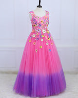 Rose Pink and Lavender Embroidery Gown with Weaving Yoke Pattern and Highlighted Handwork