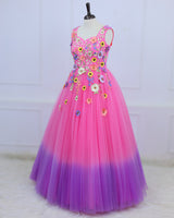 Rose Pink and Lavender Embroidery Gown with Weaving Yoke Pattern and Highlighted Handwork(New)
