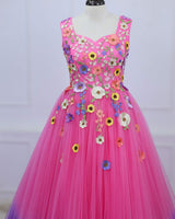 Rose Pink and Lavender Embroidery Gown with Weaving Yoke Pattern and Highlighted Handwork