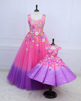 Rose Pink and Lavender Embroidery Gown with Weaving Yoke Pattern and Highlighted Handwork(New)