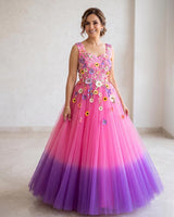 Rose Pink and Lavender Embroidery Gown with Weaving Yoke Pattern and Highlighted Handwork(New)