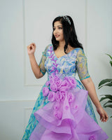 Blue and Green Combo Organza Gown Online | Mother Daughter Dresses for Birthday Online