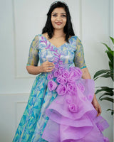 Blue and Green Combo Organza Gown Online | Mother Daughter Dresses for Birthday Online