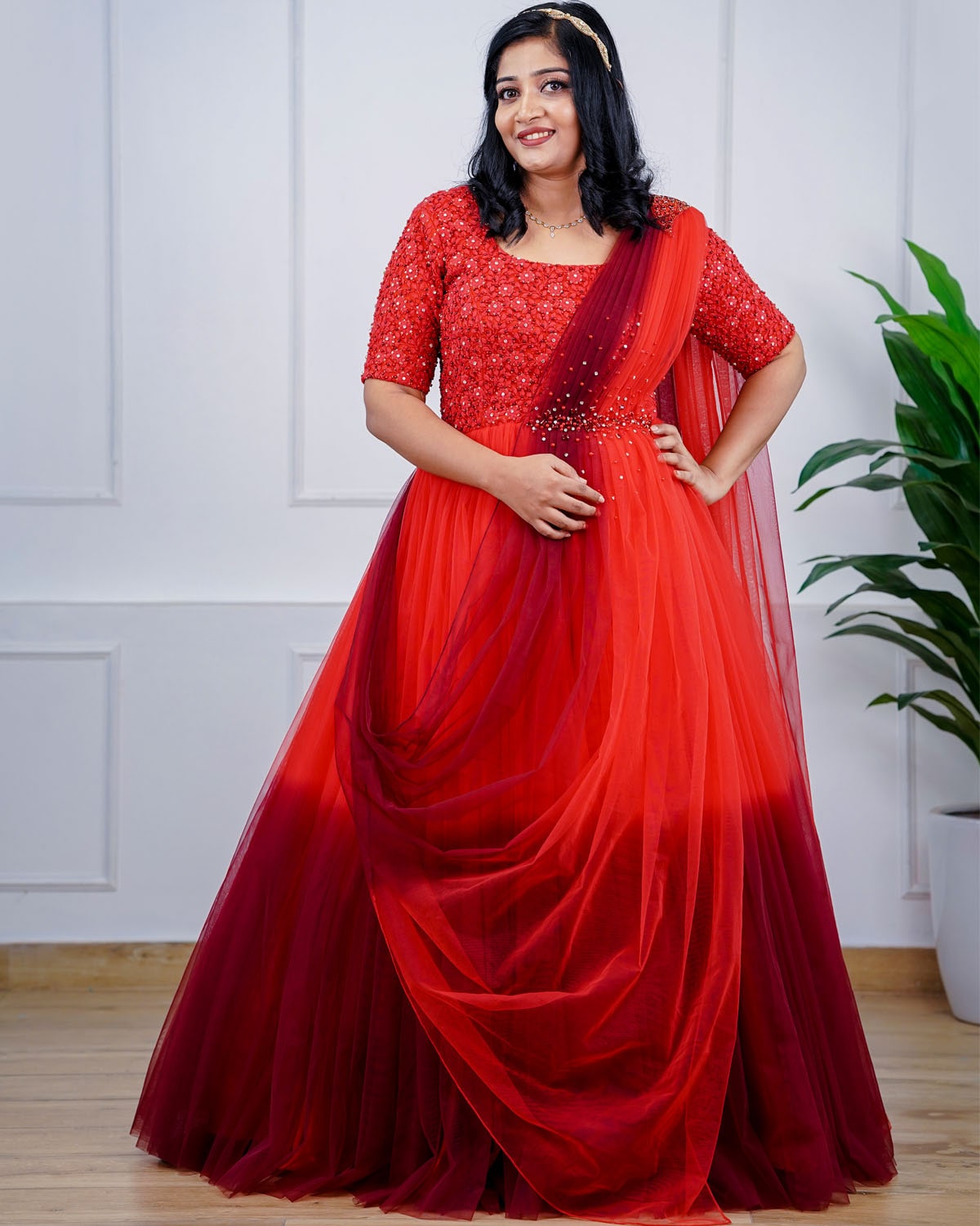 Red and Maroon Gradient Gown Online Buy Designer Party Wear