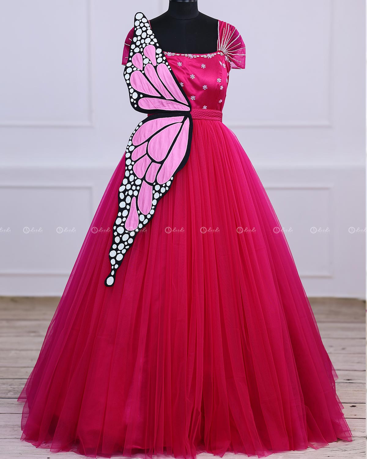 strapless open back dress Monarch Butterfly Theme Gown in Hot Pink Color with Detachable Wings a –  www.liandli.in