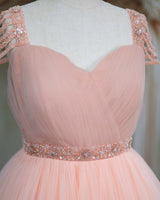 Net Sleeveless Beaded-Shoulder Layered Princess Full-Length Gown - Peach(New)(Bestseller)