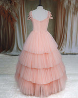 Net Sleeveless Beaded-Shoulder Layered Princess Full-Length Gown - Peach(New)(Bestseller)