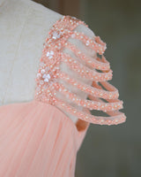 Net Sleeveless Beaded-Shoulder Layered Princess Full-Length Gown - Peach(New)(Bestseller)
