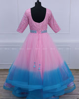 Baby Pink and Sky Blue Color Gradient Gown with Detachable Belt.