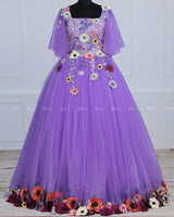 Lavender Flair Sleeve Embroidery Gown with Weaving Yoke Pattern and Highlighted HandworK