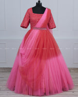Creamy Pink and Coral Color Gradient Gown with Draped Dupatta.