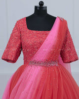 Creamy Pink and Coral Color Gradient Gown with Draped Dupatta.