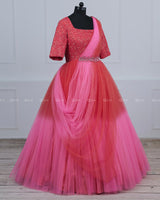 Creamy Pink and Coral Color Gradient Gown with Draped Dupatta.