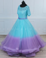 Aqua Blue and Lavender Color Gradient Gown with Detachable Belt.