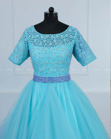 Aqua Blue and Lavender Color Gradient Gown with Detachable Belt.