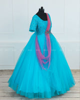 Turquoise Blue Gown with Pink Draped Dupatta