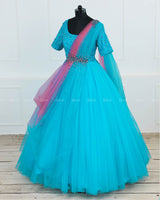 Turquoise Blue Gown with Pink Draped Dupatta