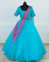 Turquoise Blue Gown with Pink Draped Dupatta