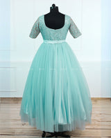 Alia Inspired Aqua Glass Gown with Intricate Handwork