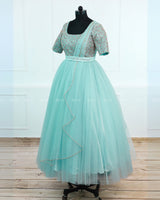 Alia Inspired Aqua Glass Gown with Intricate Handwork