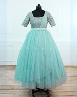 Alia Inspired Aqua Glass Gown with Intricate Handwork