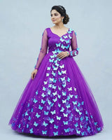 Net Full Sleeve Butterfly Spreaded Full Length Gown - Purple(New)