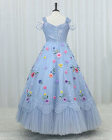 Organza Cap Sleeve Multi Layered Floral Full Length Gown -Blue Ash(New)