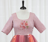 Net Elbow Sleeve Multicolour Floral Full Gown -Rose & Peach(New)