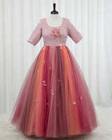 Net Elbow Sleeve Multicolour Floral Full Gown -Rose & Peach(New)