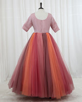 Net Elbow Sleeve Multicolour Floral Full Gown -Rose & Peach(New)