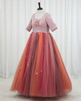 Net Elbow Sleeve Multicolour Floral Full Gown -Rose & Peach(New)