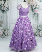 Dusky Lavender Crop Top and Lehenga Set with Floral Emblishment for Women (New)