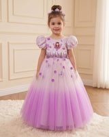 Net Puff Sleeve Aari & 3D Floral Embellished Fairy Full Length Gown - Pink Lavender(New)(Bestseller)