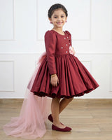 Maroon frock with Peach Floral Details and An Oversized Peach Long Bow