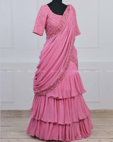 Stylish Pink Multi-Layered Georgette Saree With Heavy Handworked Embroidery Blouse