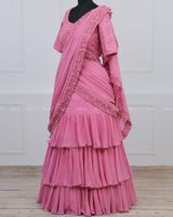 Stylish Pink Multi-Layered Georgette Saree With Heavy Handworked Embroidery Blouse