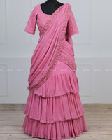 Stylish Pink Multi-Layered Georgette Saree With Heavy Handworked Embroidery Blouse