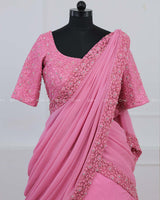 Stylish Pink Multi-Layered Georgette Saree With Heavy Handworked Embroidery Blouse