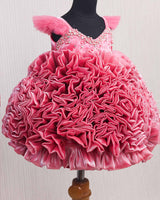 Salmon Pink Shade Rosette Dress Embellished with Pearls and Stones