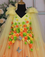 Orange & Candy Yellow Flower Frock with Long Bow Sleeves