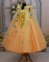 Orange & Candy Yellow Flower Frock with Long Bow Sleeves