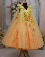 Orange & Candy Yellow Flower Frock with Long Bow Sleeves