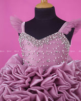 Dusty Lilac Shade Rosette Dress Embellished with Pearls and Stone's.