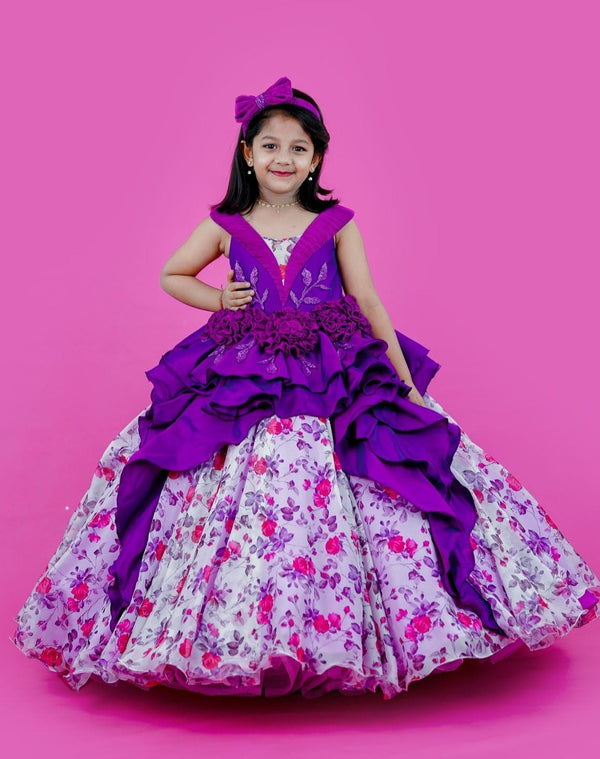 Purple Designer Party Gown With Floral Printed Bottom