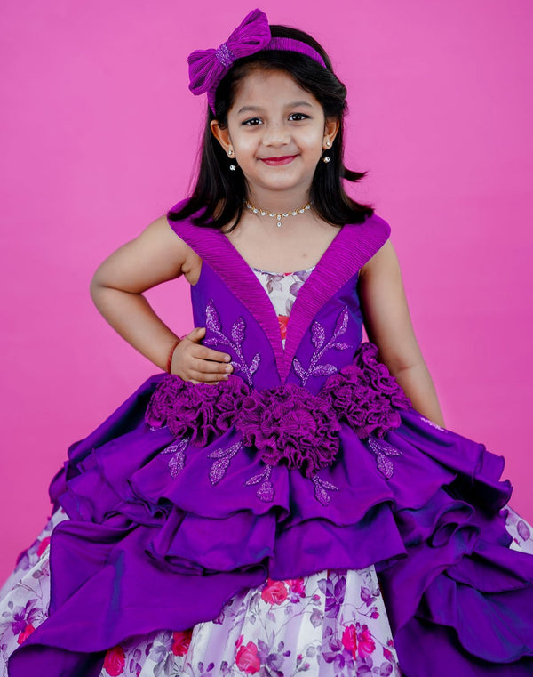 Purple Designer Party Gown With Floral Printed Bottom
