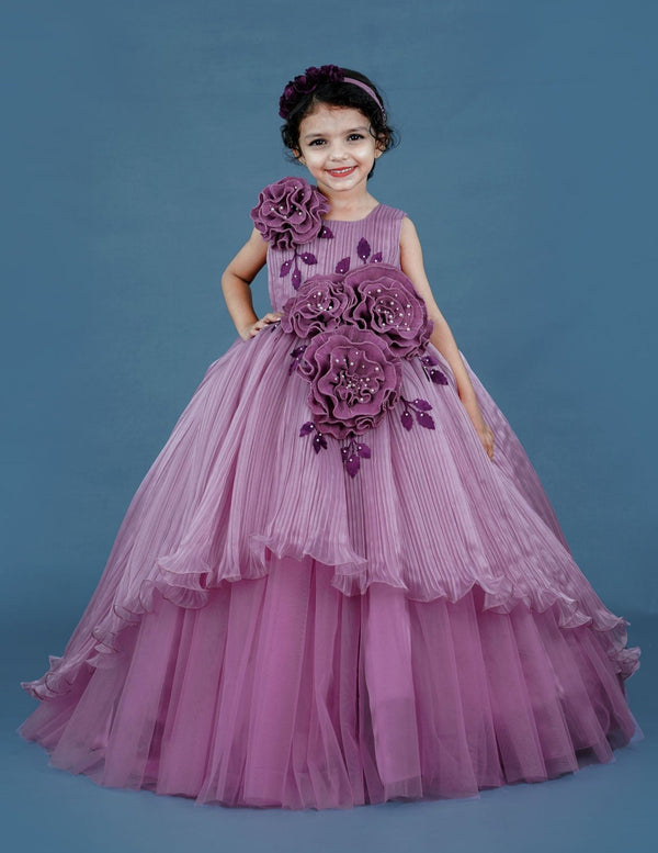 Lilac Pleated Texture Gown With Dusky Lavender Flowers Detailing