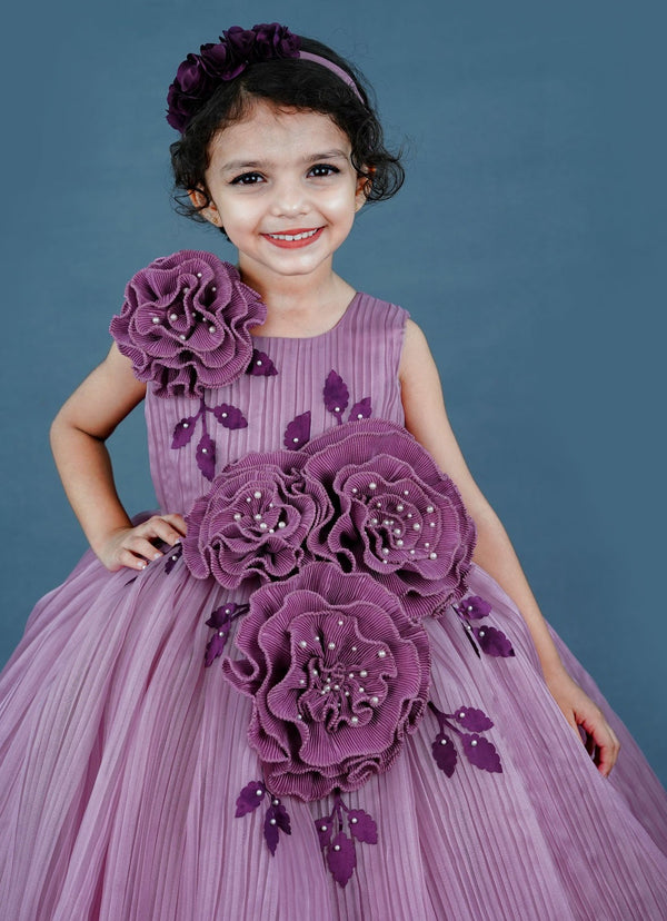 Lilac Pleated Texture Gown With Dusky Lavender Flowers Detailing
