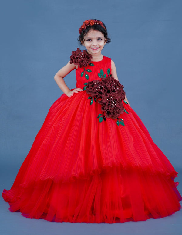 Red Pleated Texture Gown With Maroon Flowers Detailing