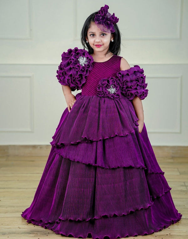 Plum Purple Asymmetrical Layered Gown In Pleated Texture Fabric