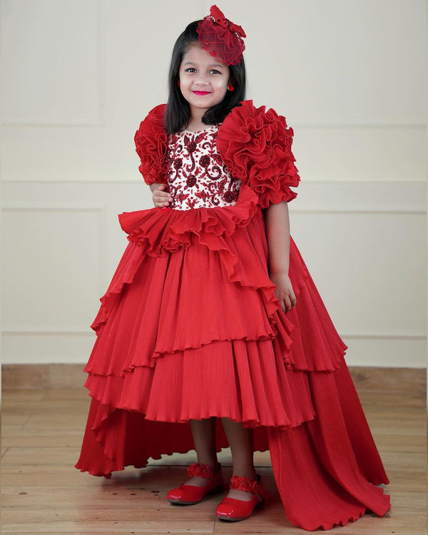 RED High-Low Couture Party Wear Gown With Intricated Hand Craft Detailing